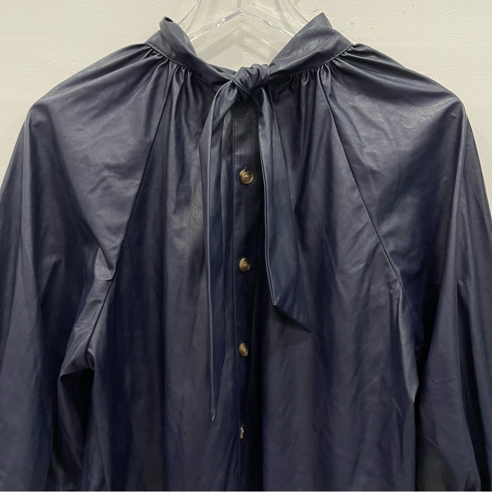 Rachel Comey x Target Navy Blue Faux Leather Blouse Button Back Tie Neck Large - Picture 5 of 13